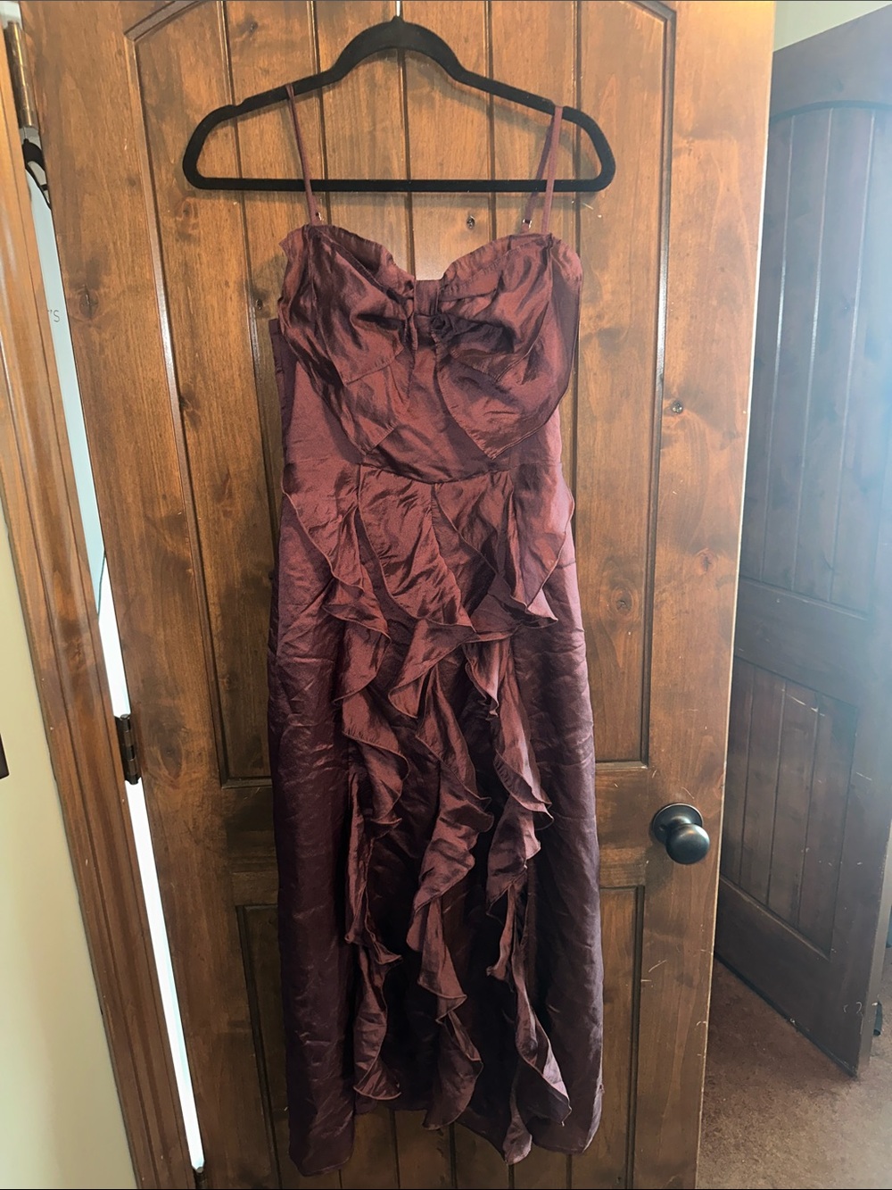Storia Strapless Ruffled Maxi Dress in Burgundy